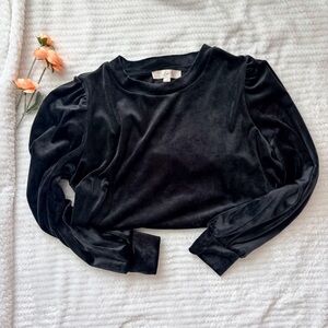 LOFT Black Velvet Puff Sleeve Top - Soft Velour Blouse - Size M